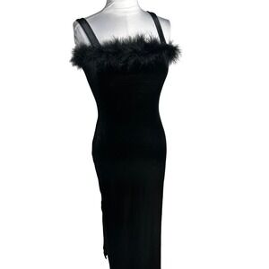 High Maintenance Vintage Black Velvet Feather Trim Maxi Dress L 4936 Made in USA